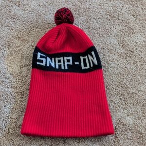 Snap Red Ribbed Beanie with Black Logo Band and Pom